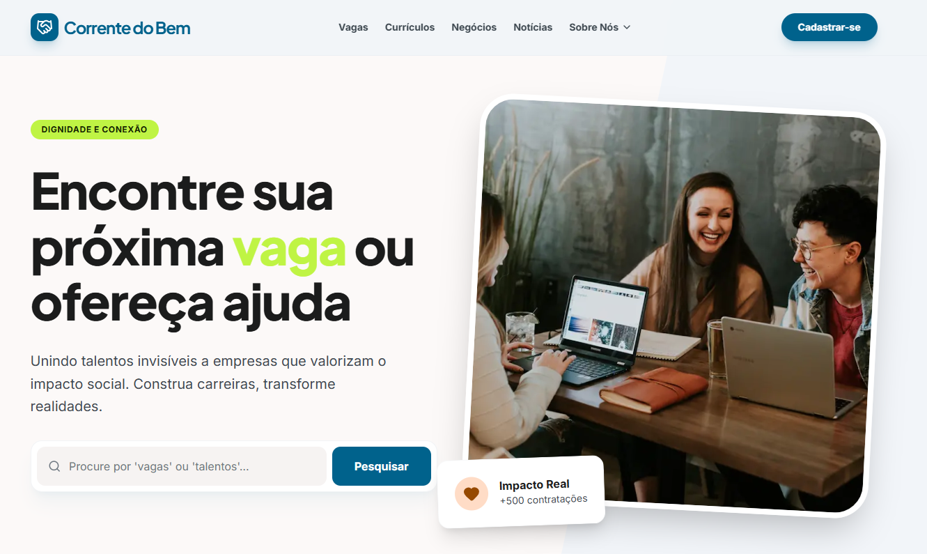 Página inicial da plataforma Corrente do Bem